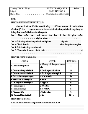 Đề kiểm tra học kì I môn Tin học Lớp 6 - Năm học 2016-2017 - Trường THCS Lê Lợi (Có đáp án)